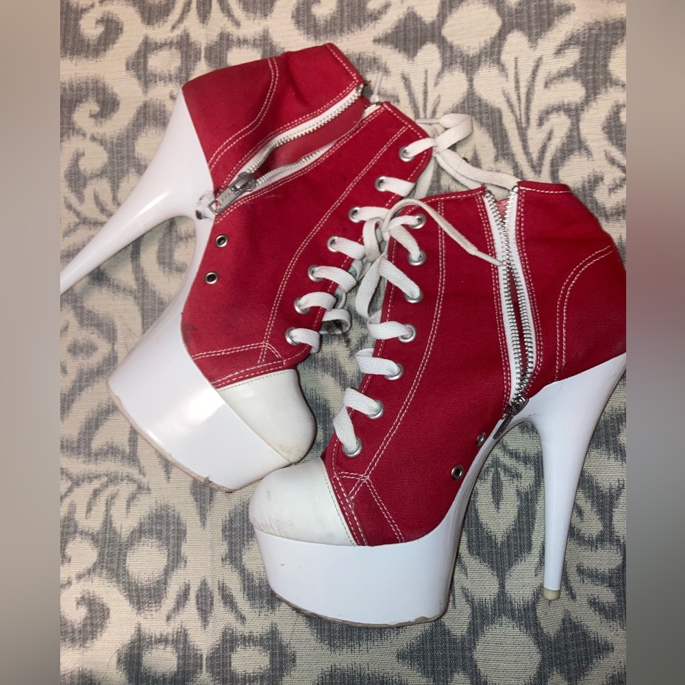 Pleaser Red Heeled Converse Canvas Stripper Pole Dance Shoe Size 8